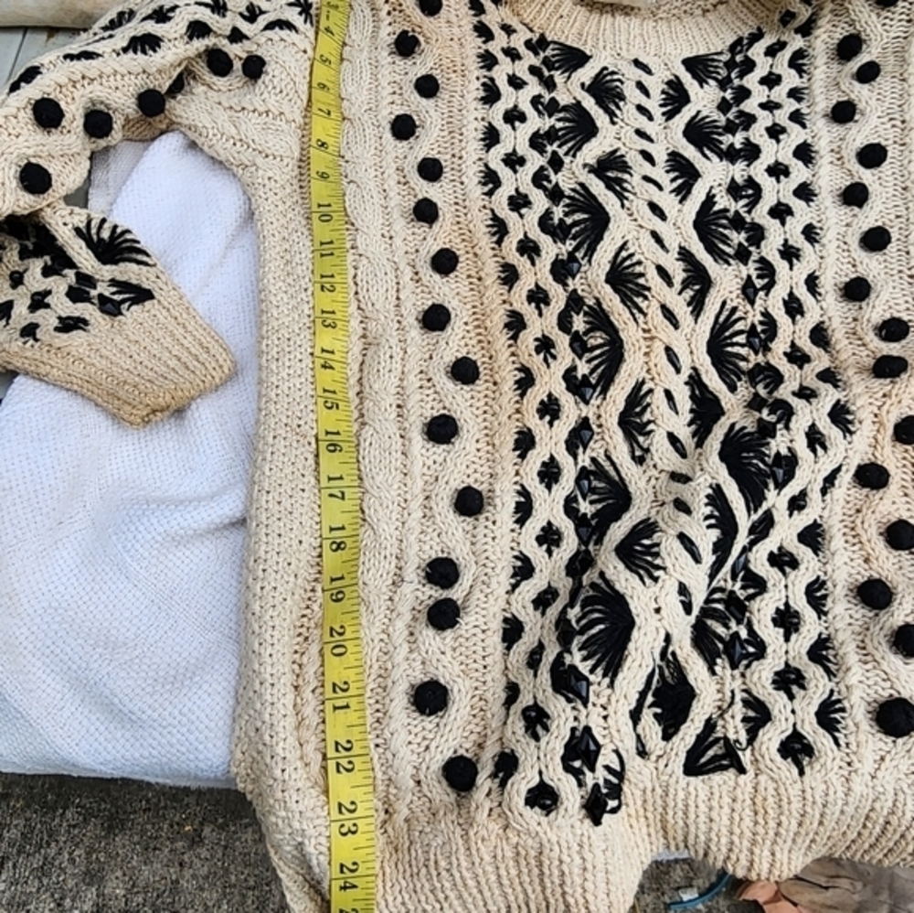 Vintage Cotton Ramie Popcorn Cable Knit Sweater Black Cream M/L - Picture 4 of 16